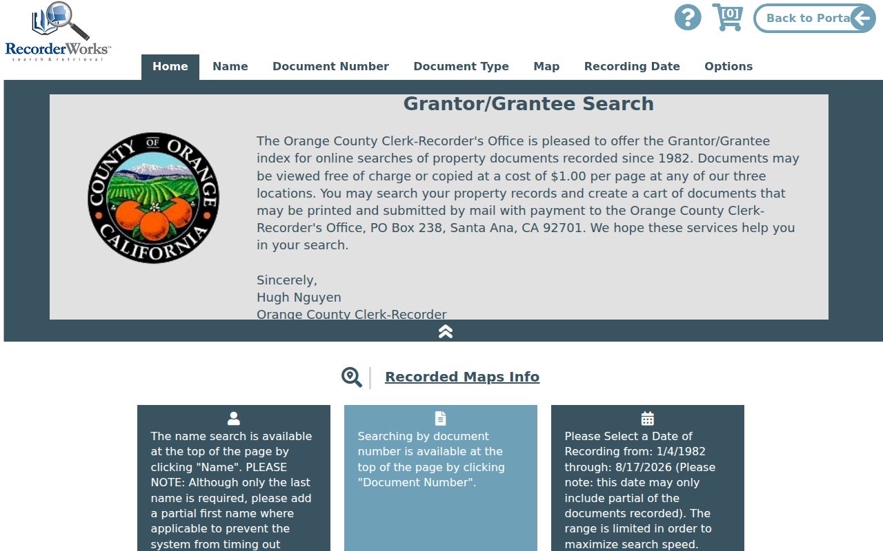 Costa Mesa residents directory view of the Orange County recorder index