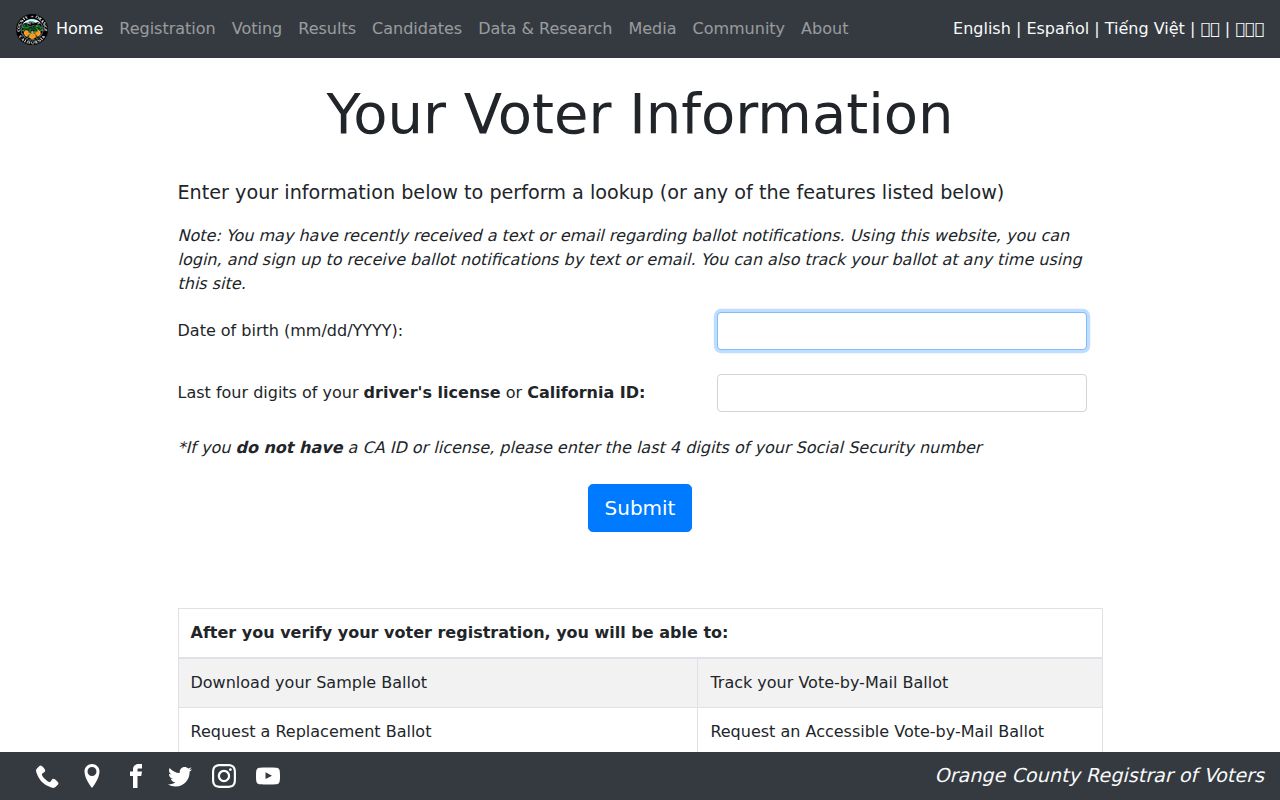 Costa Mesa neighbors voter self-verification form with date of birth and ID fields