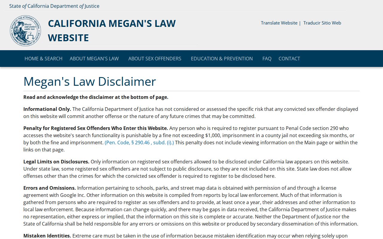 Costa Mesa resident lookup view of California Megan's Law search modes